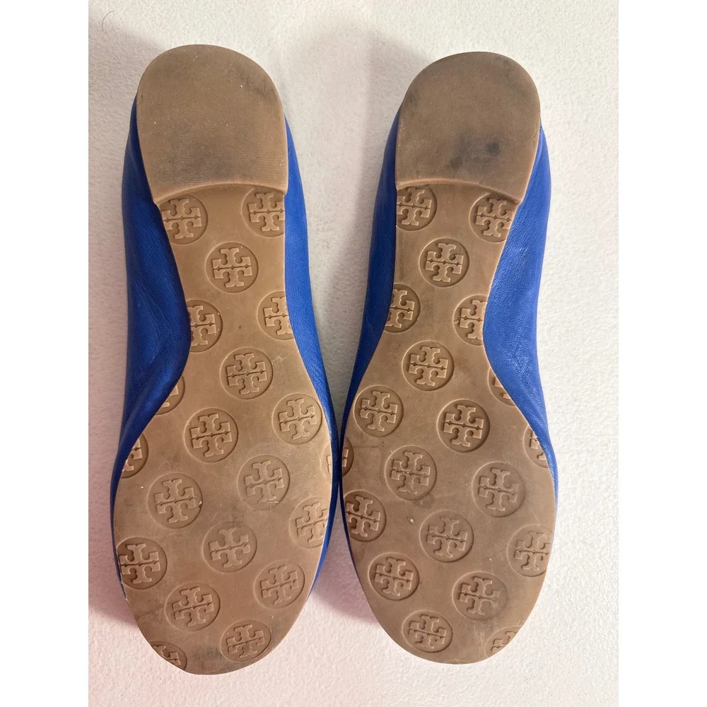 Tory Burch Reva Ballet Flats Royal Blue Leather Gold Logo Medallion Size 7.5